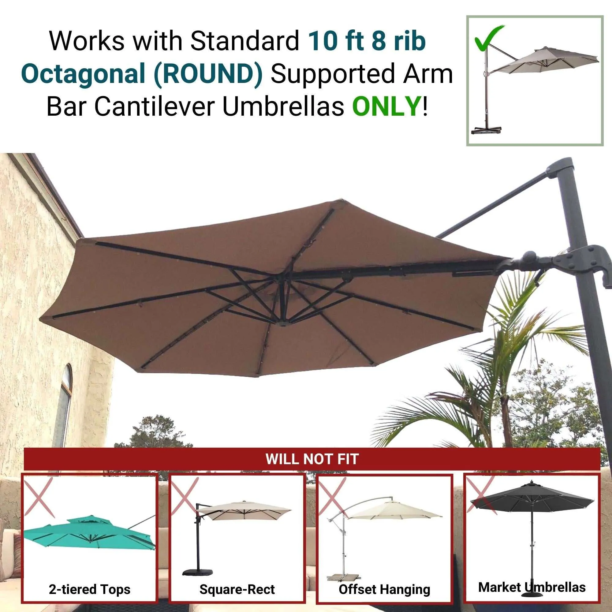 10ft Cantilever Supported Bar Umbrella 8 Rib Replacement Canopy Taupe