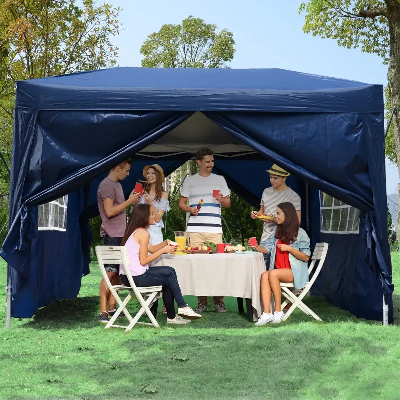 10x10 ft Easy Folding Pop Up Wedding Party Pavilion Tent with 4 sidewalls - Blue