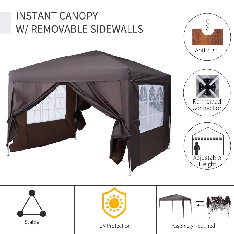 10x10 ft Easy Folding Pop Up Wedding Party Pavilion Tent with 4 sidewalls - Coffee