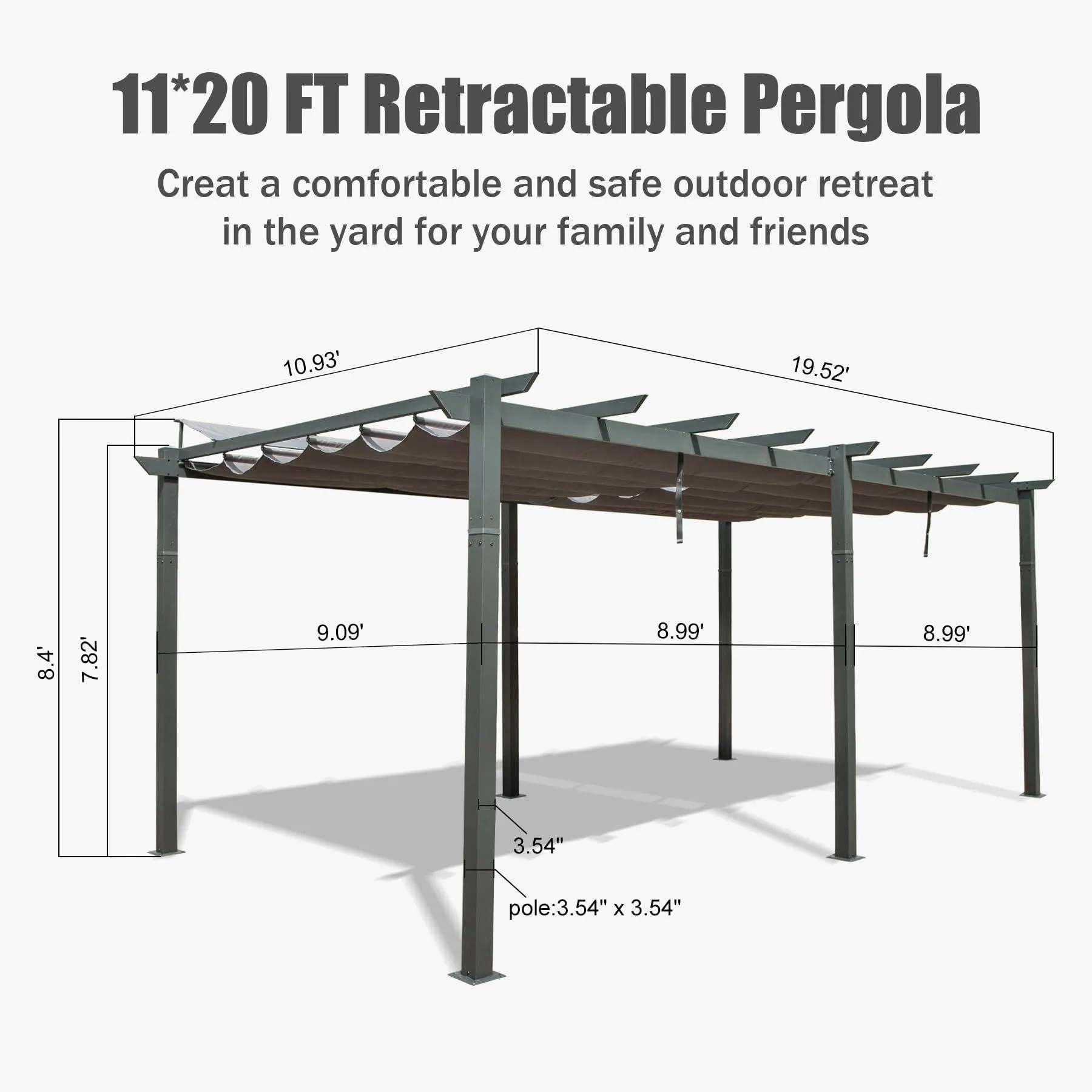 11 X 20 FT Outdoor Retractable Pergola with Weather-Resistant Canopy Aluminum Garden Pergola ,Dark Gray