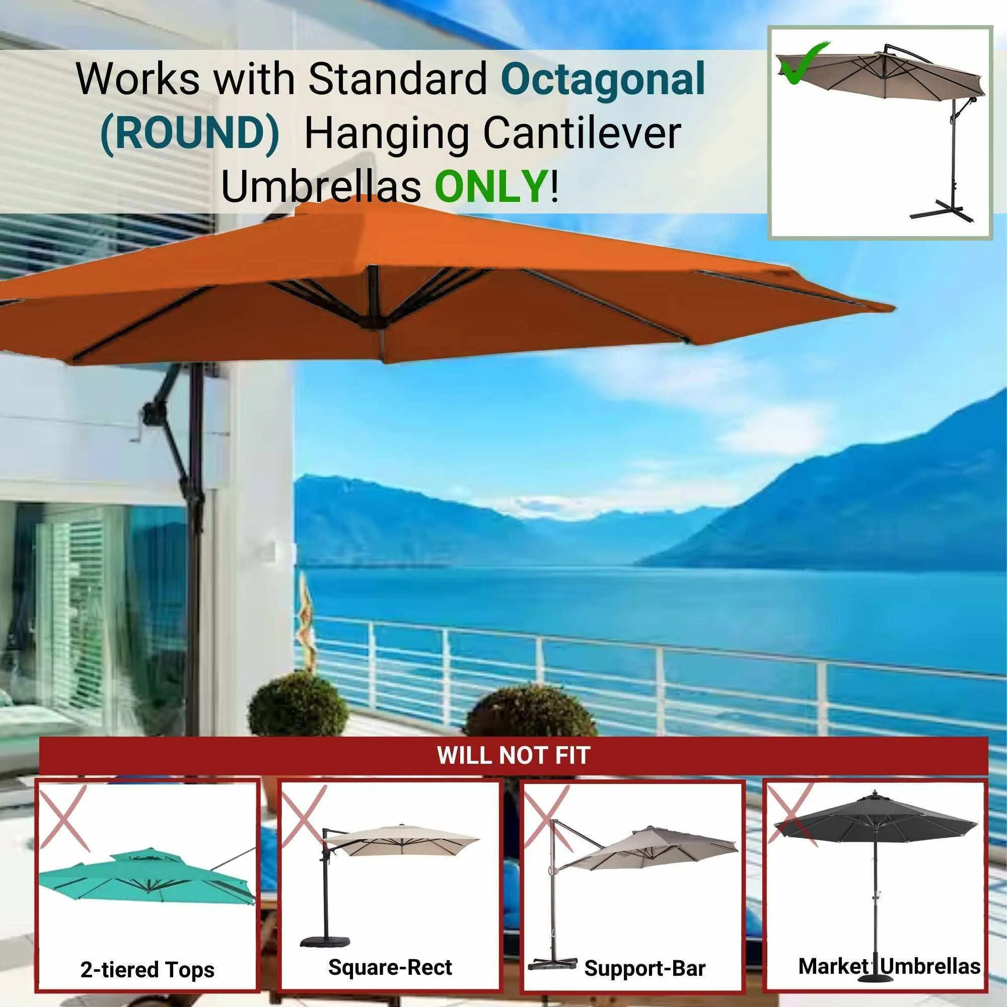 11ft Cantilever Hanging Umbrella 8 Rib Replacement Canopy Tuscan Orange