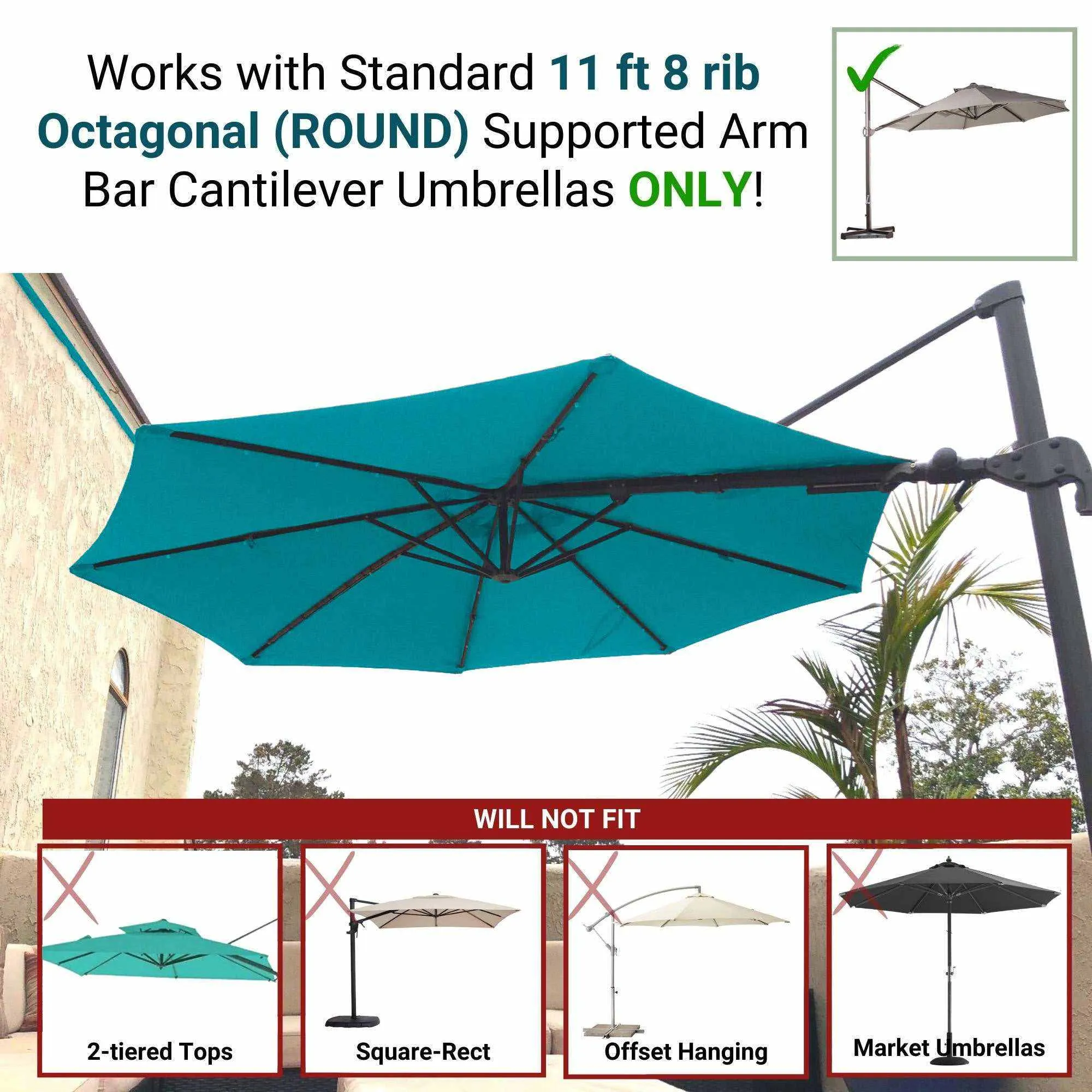 11ft Cantilever Supported Bar Umbrella 8 Rib Replacement Canopy Aruba Turquoise