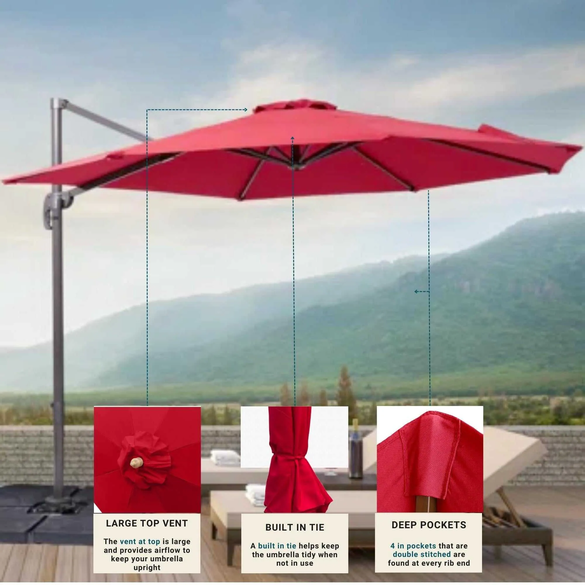 11ft Cantilever Supported Bar Umbrella 8 Rib Replacement Canopy Red