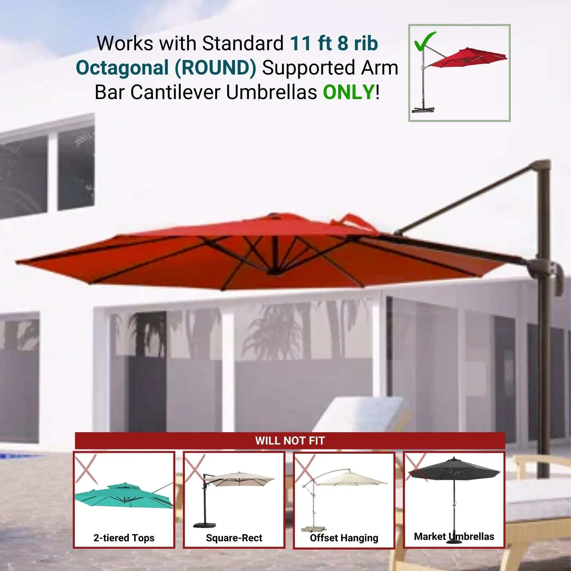 11ft Cantilever Supported Bar Umbrella 8 Rib Replacement Canopy Red