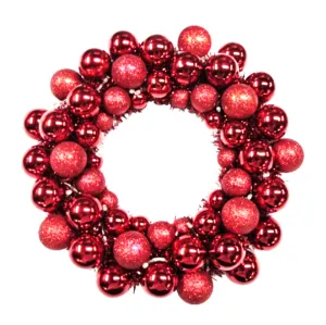 16" Red Ball Wreath with Battery Powered Warm White LEDs