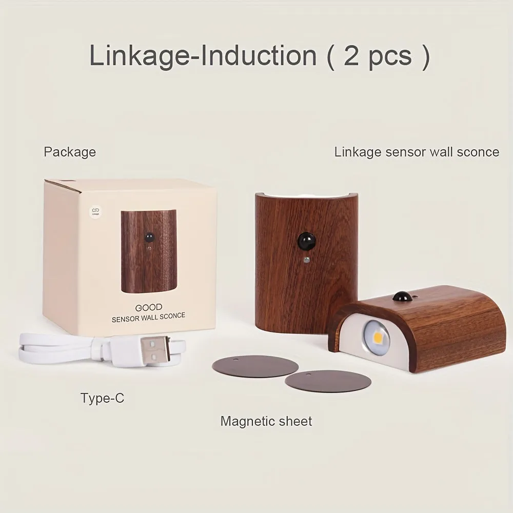 2pcs Modern Simple Interconnected Induction Wall Lamp, Night Light Solid Wood Lamp, USB Powered