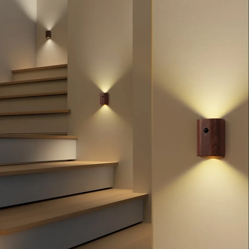 2pcs Modern Simple Interconnected Induction Wall Lamp, Night Light Solid Wood Lamp, USB Powered