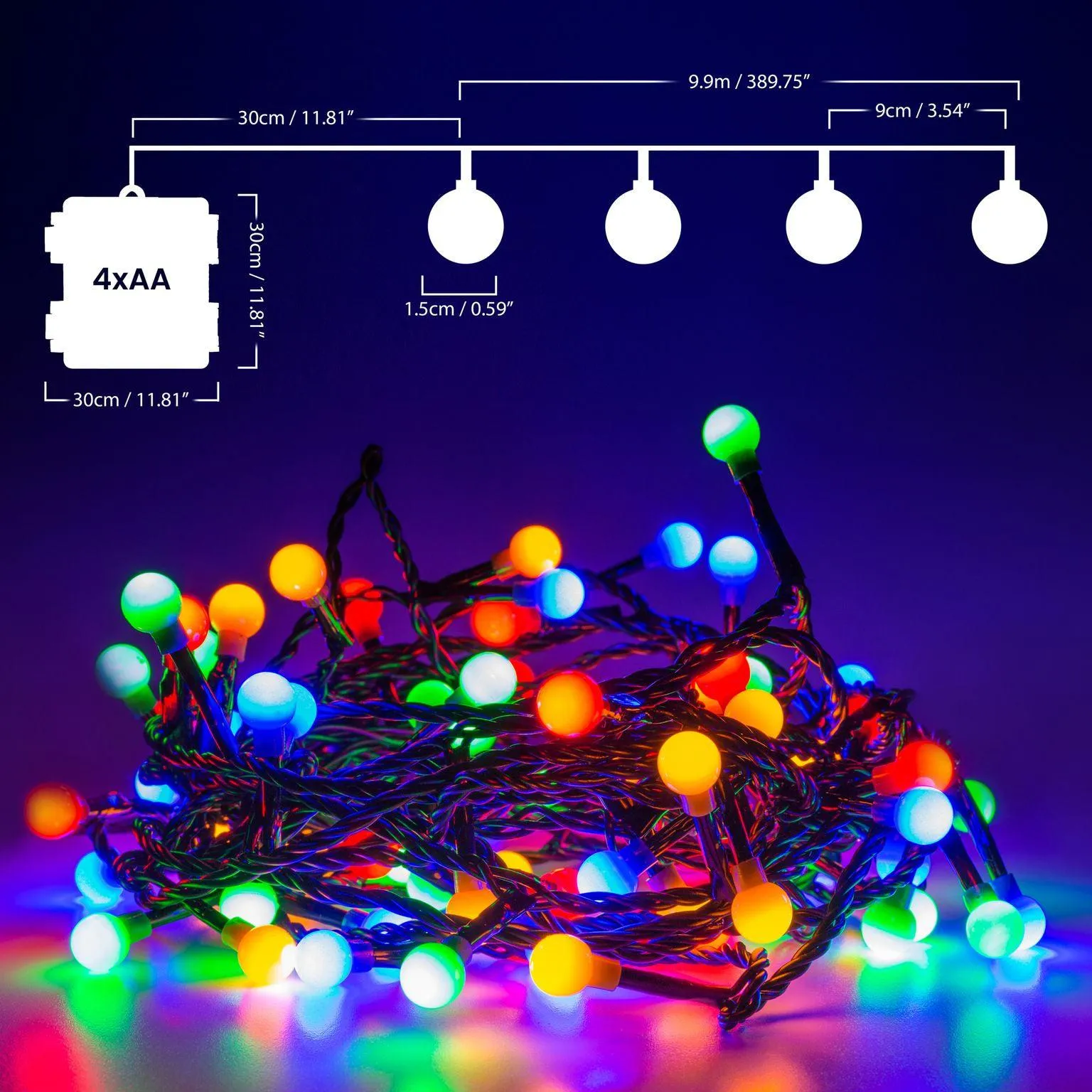 Battery Operated 8 Function LED Berry Bulbs (100 Lights) -  Multicoloured Lights