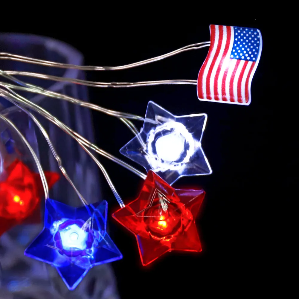 Battery Powered Red Blue White Stars American Flag String Lights