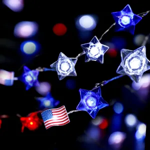 Battery Powered Red Blue White Stars American Flag String Lights