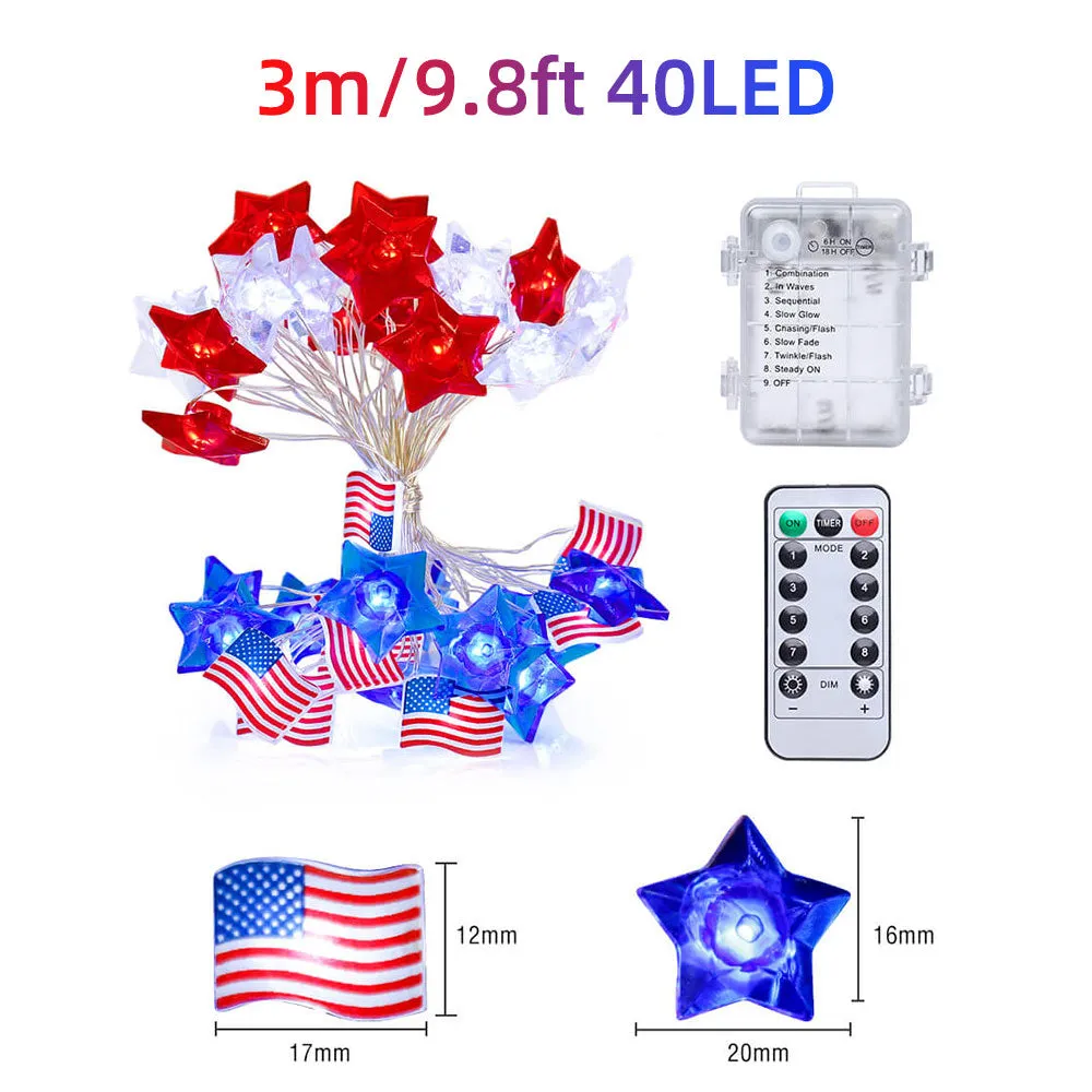 Battery Powered Red Blue White Stars American Flag String Lights