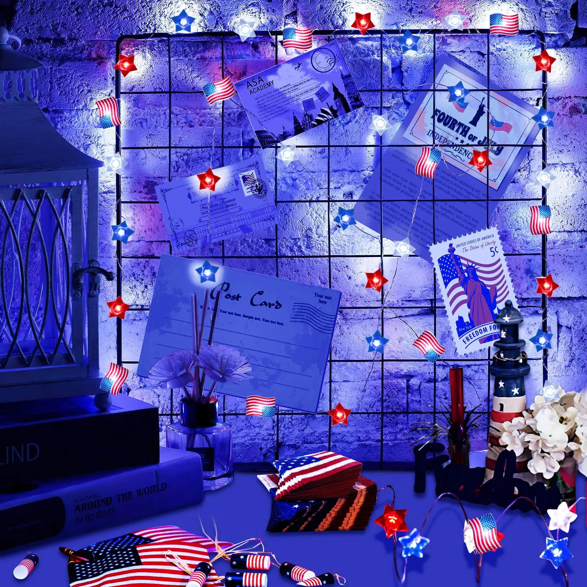 Battery Powered Red Blue White Stars American Flag String Lights