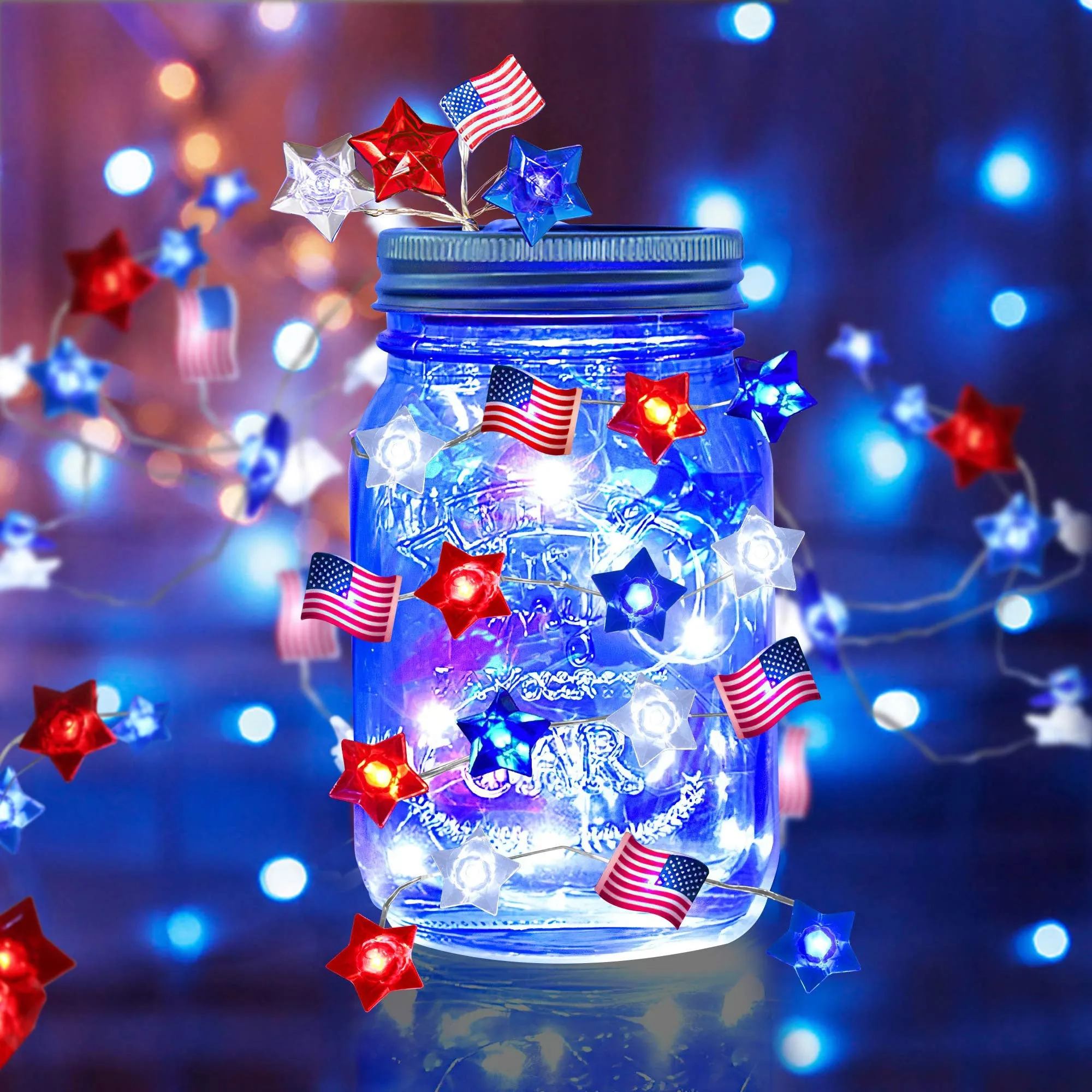 Battery Powered Red Blue White Stars American Flag String Lights