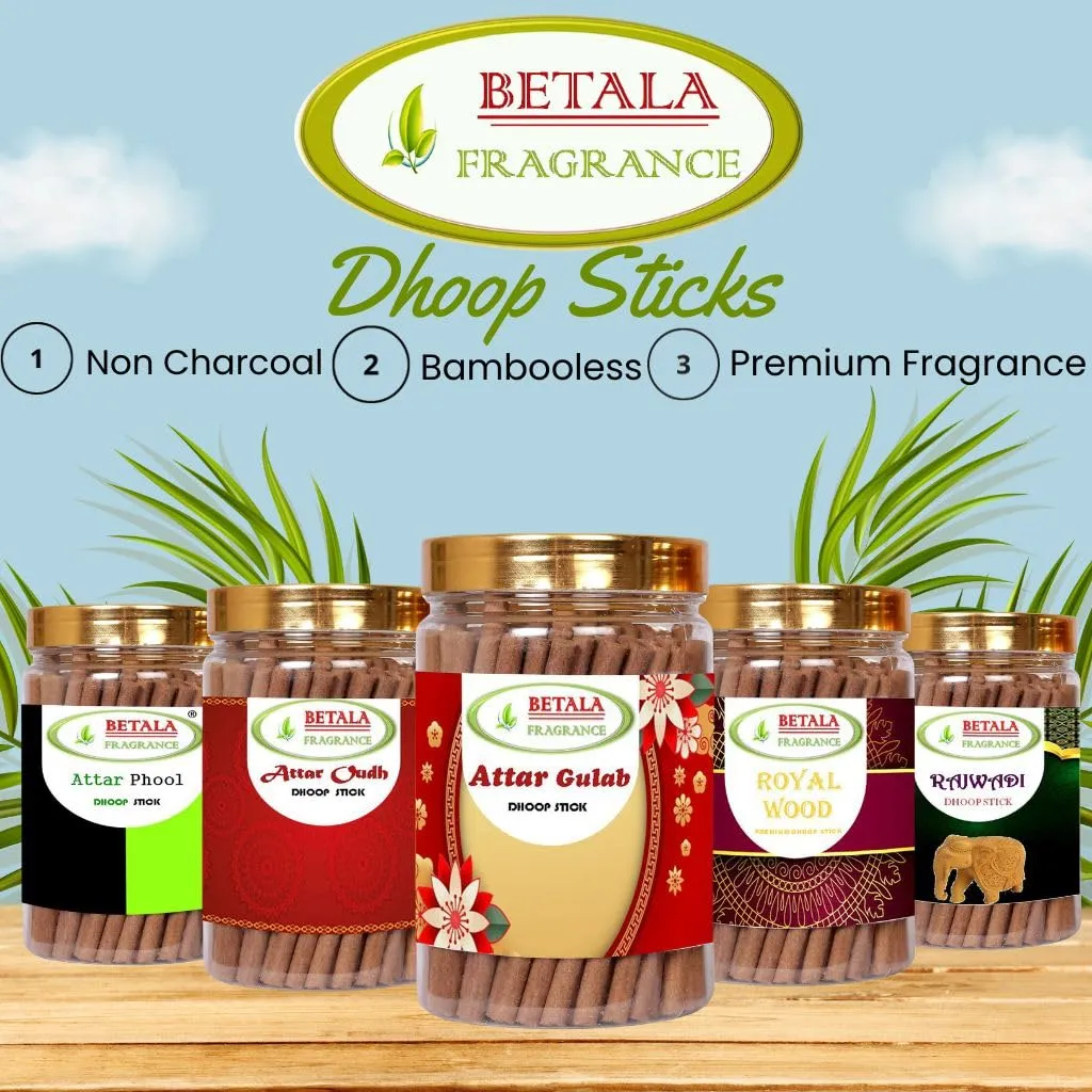 Betala Fragrance 6 in 1 Dhoop Sticks for Pooja, Combo Pack of 100 gm X 6 Flavour stick with Holder Stand (Chandan, Gulab, Mogra, Lavender, Guggal, Saffron)