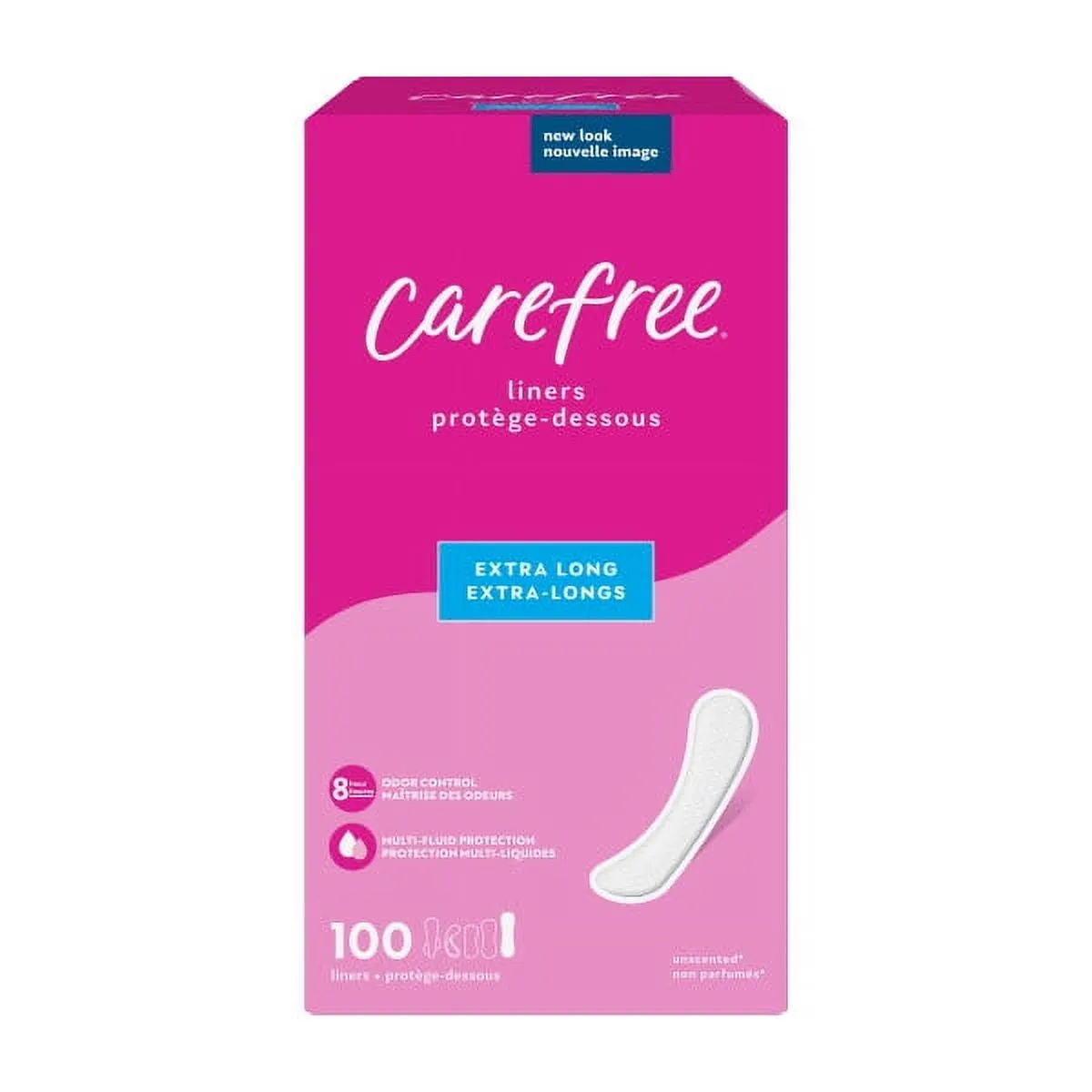 CAREFREE® Panty Liners, Extra Long, Flat, Unscented, 8 Hour Odor Control, 100ct