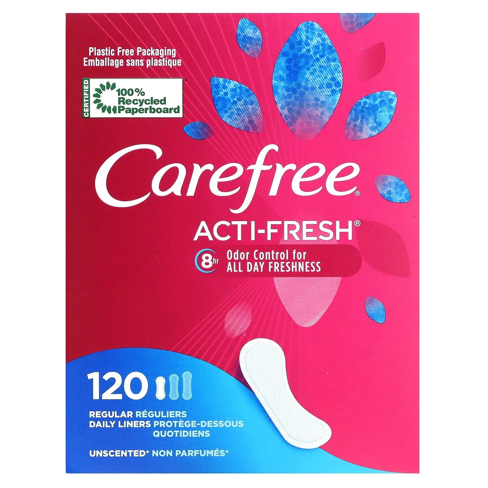 CAREFREE® Panty Liners, Regular, Flat, Unscented, 8 Hour Odor Control, 120ct