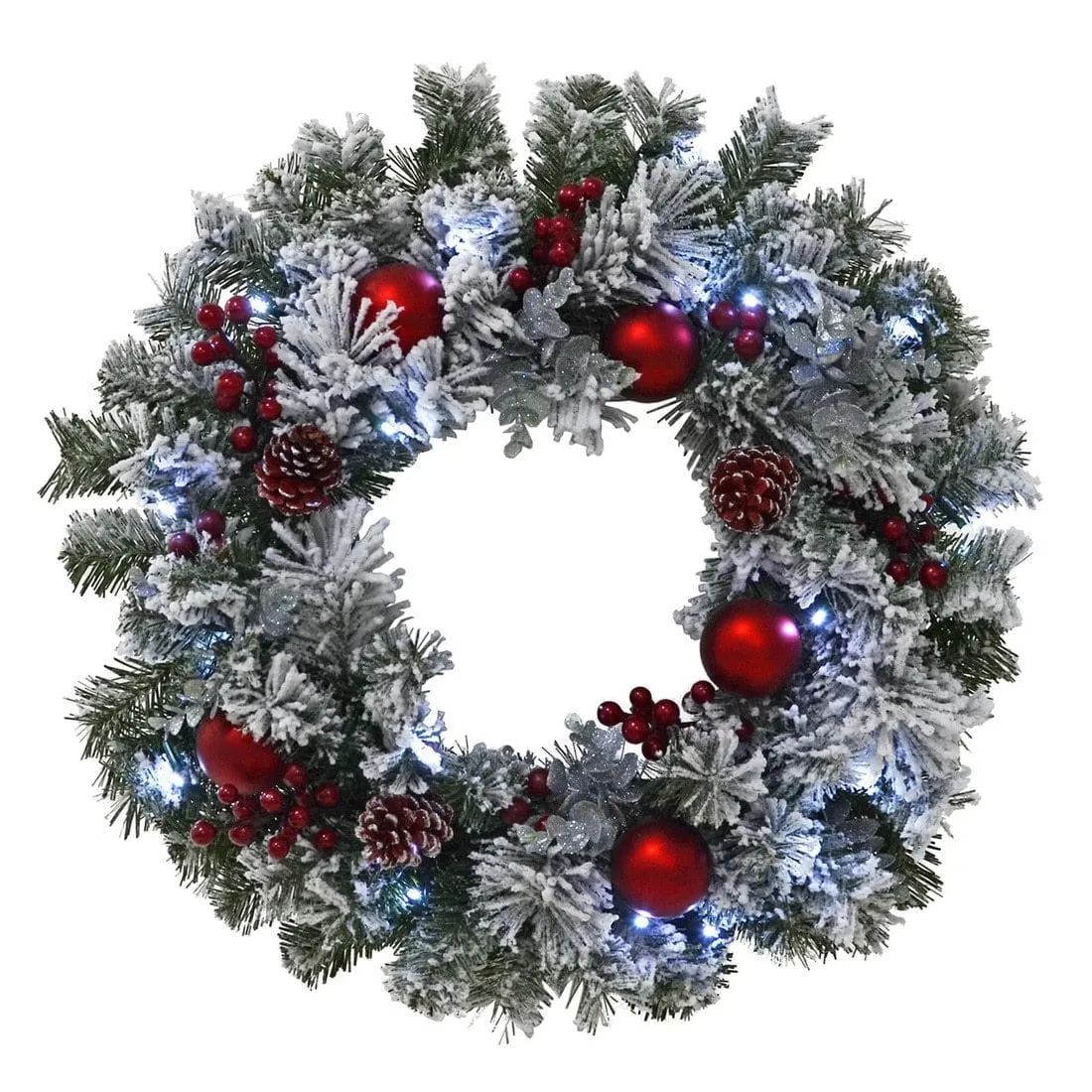 Christmas Wreath Pre-Lit Red Baubles Snow Frosted 60cm (2ft)