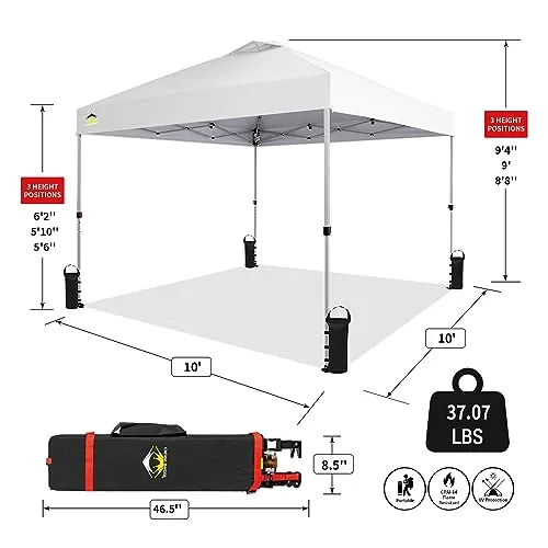 Crown Shades 10x10 Pop up Canopy Outside Canopy, Patented One Push Tent Canopy with Wheeled Carry Bag, Bonus 8 Stakes and 4 Ropes, White