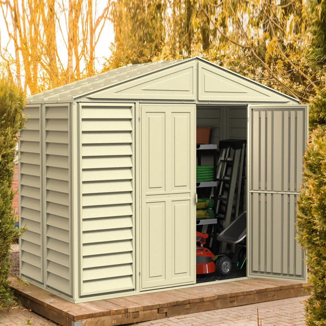 DuraMax | Woodbridge 10.5x5x7 Ft Vinyl Plastic Storage Shed with Foundation Frame