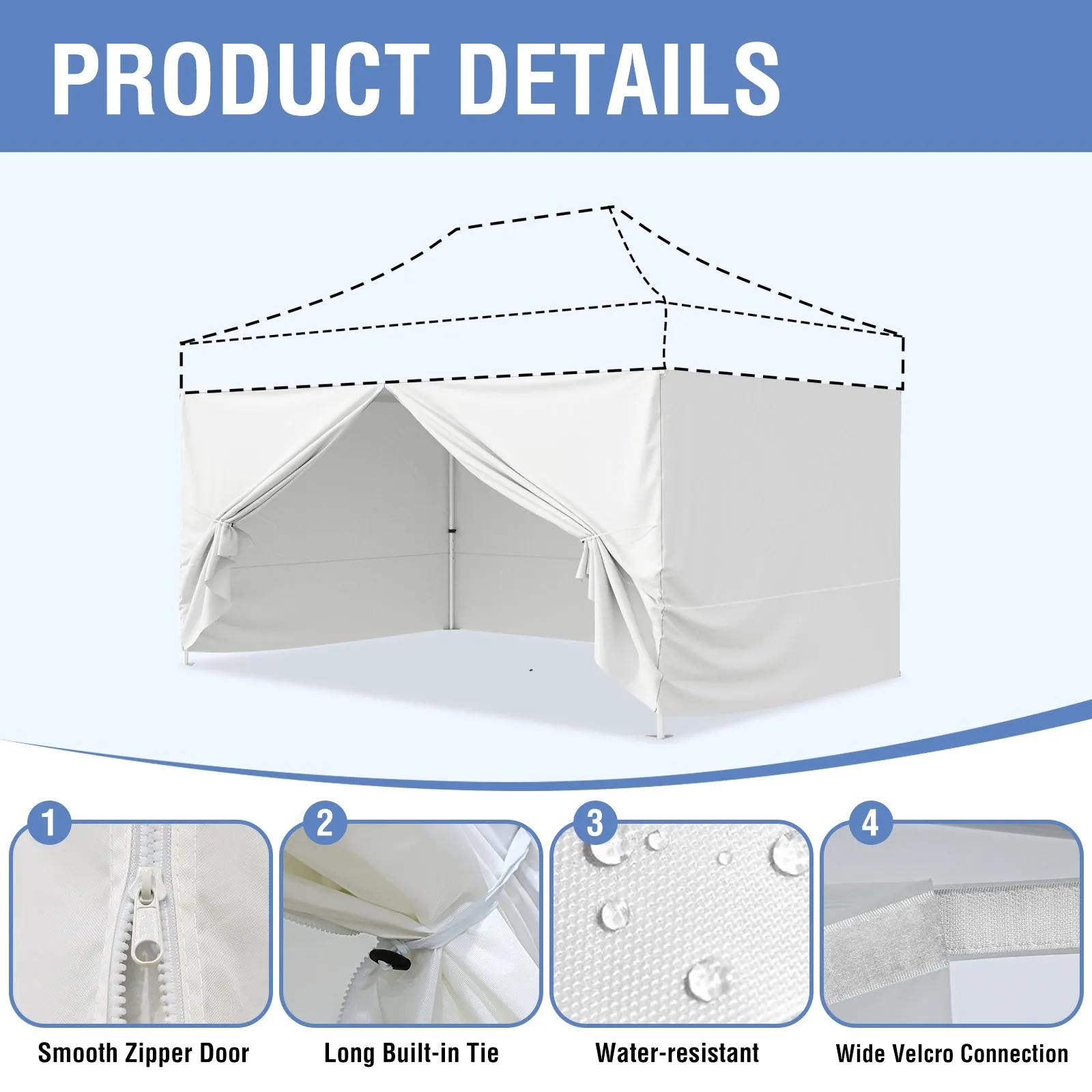 EAGLE PEAK 4-Piece Sunwall/Sidewalls for 10x15 ft Aluminum Custom Canopy Only,  Includes 3 Sidewalls and 1 Entry Wall, Pack of 4, White