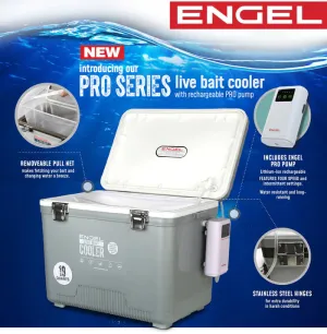 Engel 30Qt Live bait Pro Cooler with AP4 XL Rechargeable Aerator, Rod Holders & Stainless Hardware