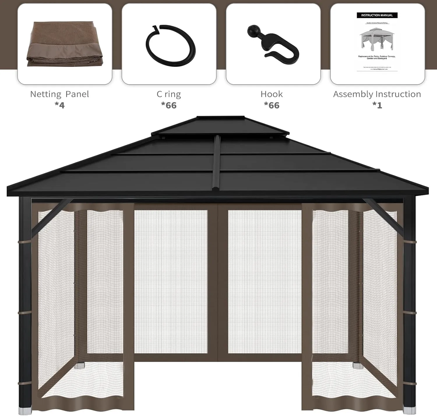 Gazebo Replacement Mosquito Netting Outdoor Universal Gazebo Canopy 4-Panels Screen Sidewalls with Zipper for Patio Garden Yard Backyard (Mosquito Net Only) (10X12, Coffee)