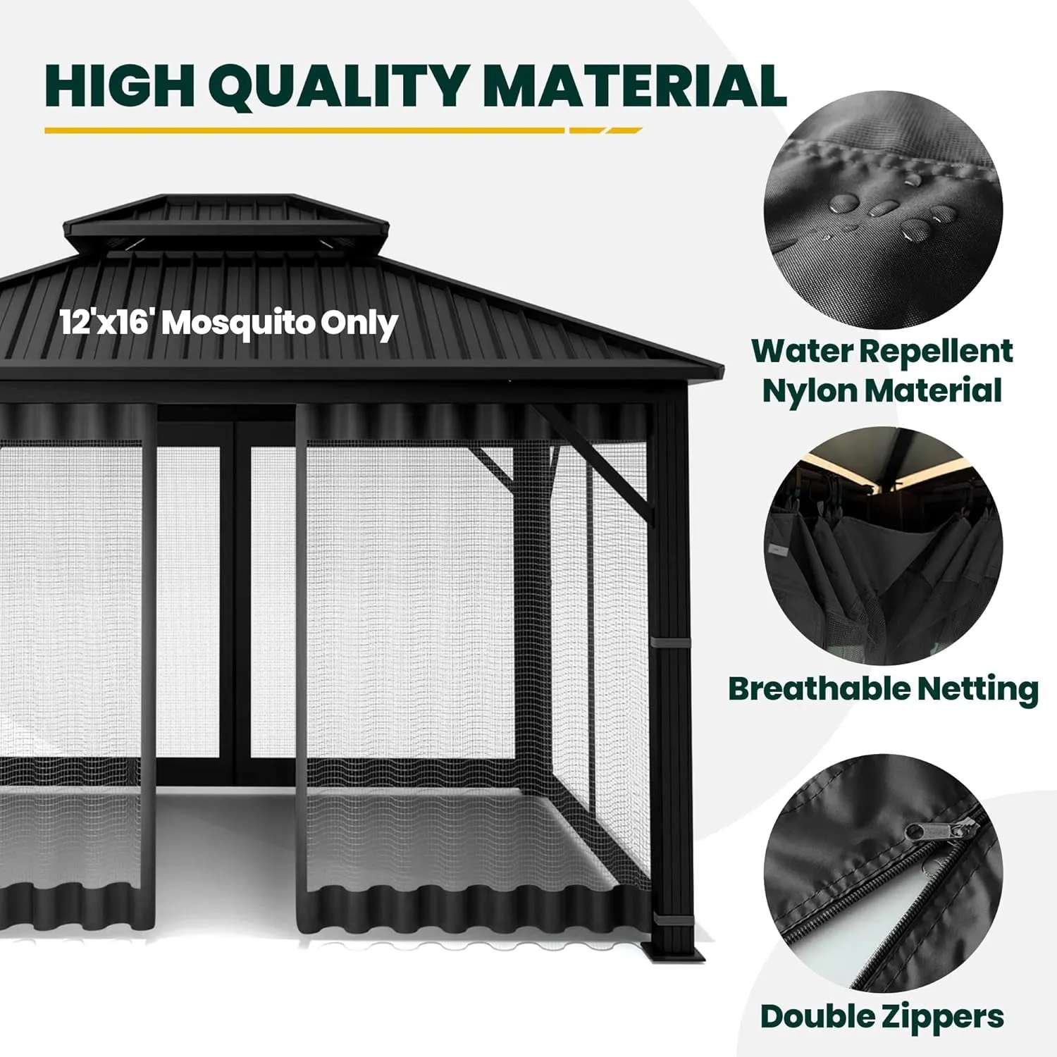 Gazebo Universal Replacement Mosquito Netting, 12' X 16' Outdoor Canopy Net Screen 4-Panel Sidewall Curtain, with Zippers, Easy to Install, Fit for Most Gazebo 12X16 Canopy, Black