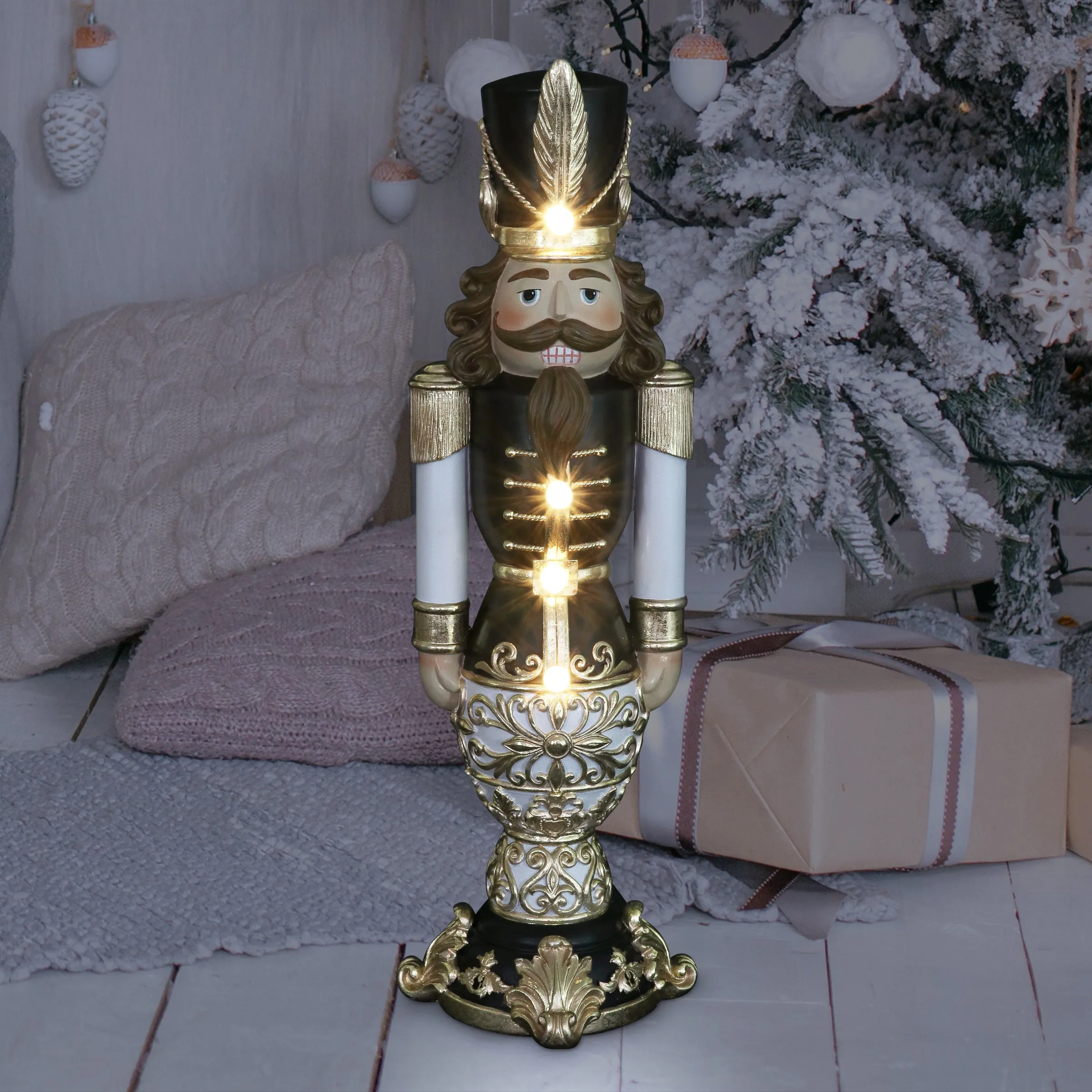 Hand Painted Black and Gold Nutcracker Soldier with LED Uniform on a Battery Powered Automatic Timer, 23 Inch