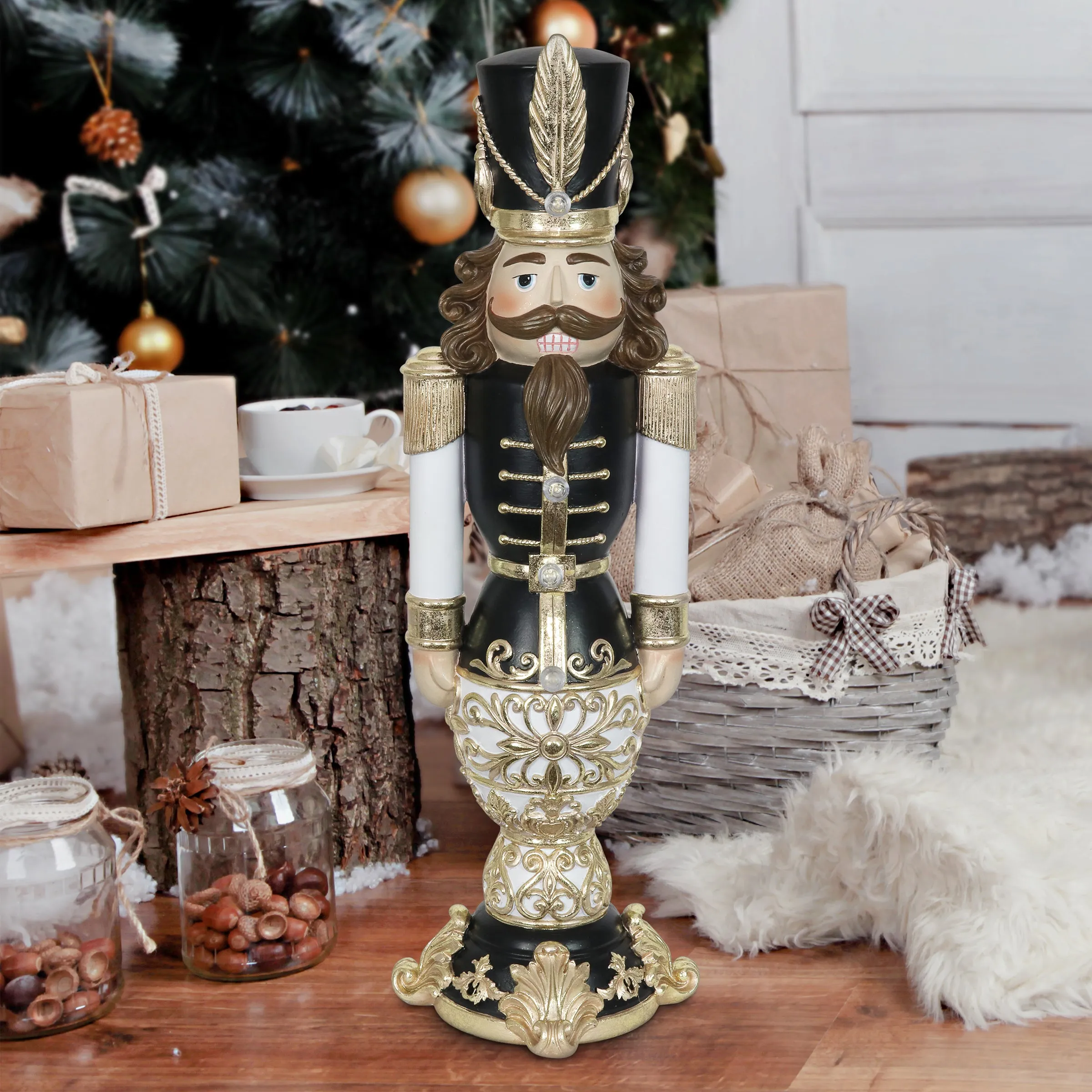 Hand Painted Black and Gold Nutcracker Soldier with LED Uniform on a Battery Powered Automatic Timer, 23 Inch