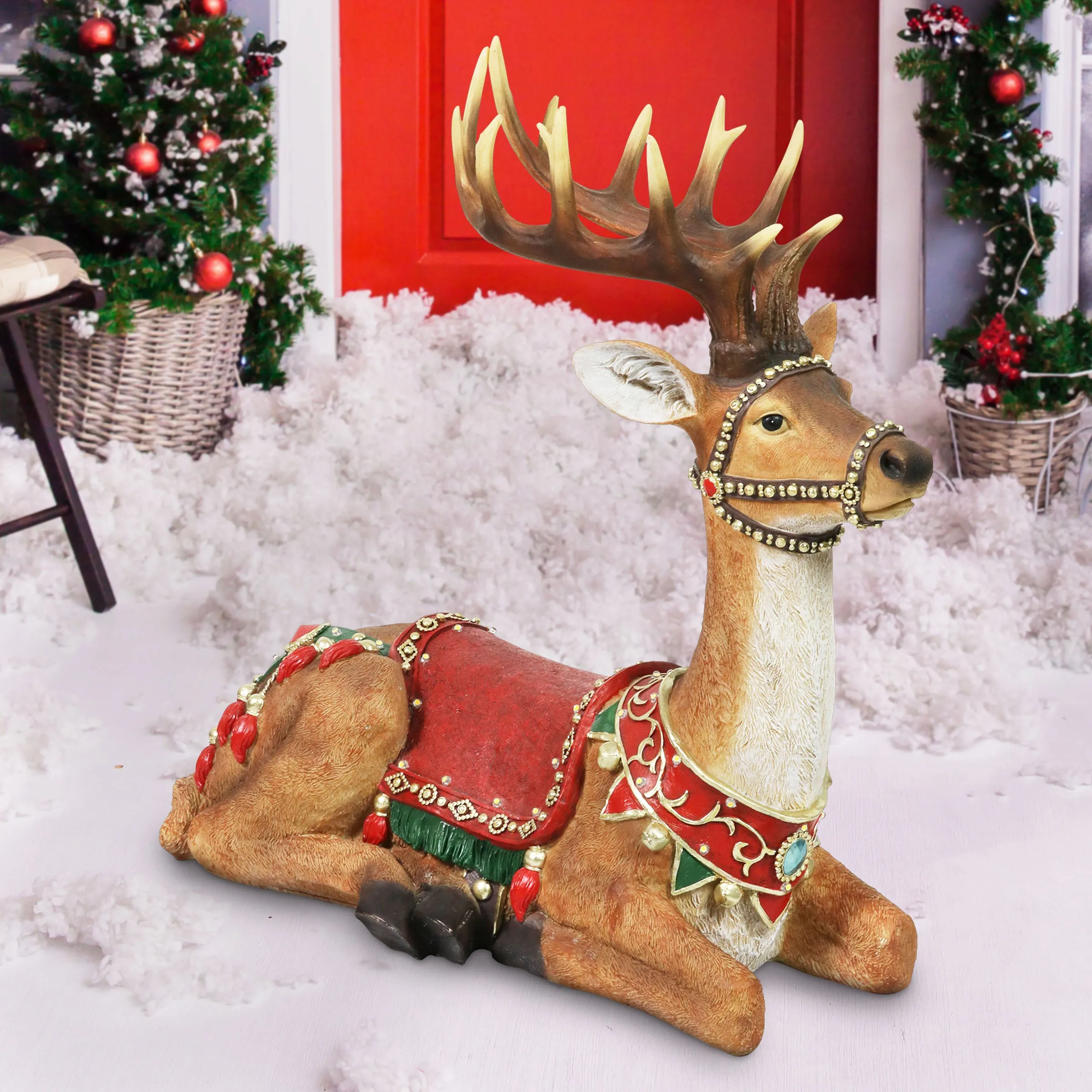 Hand Painted Christmas Reindeer Statue with LED Lights on a Battery Powered Timer, 22 Inches