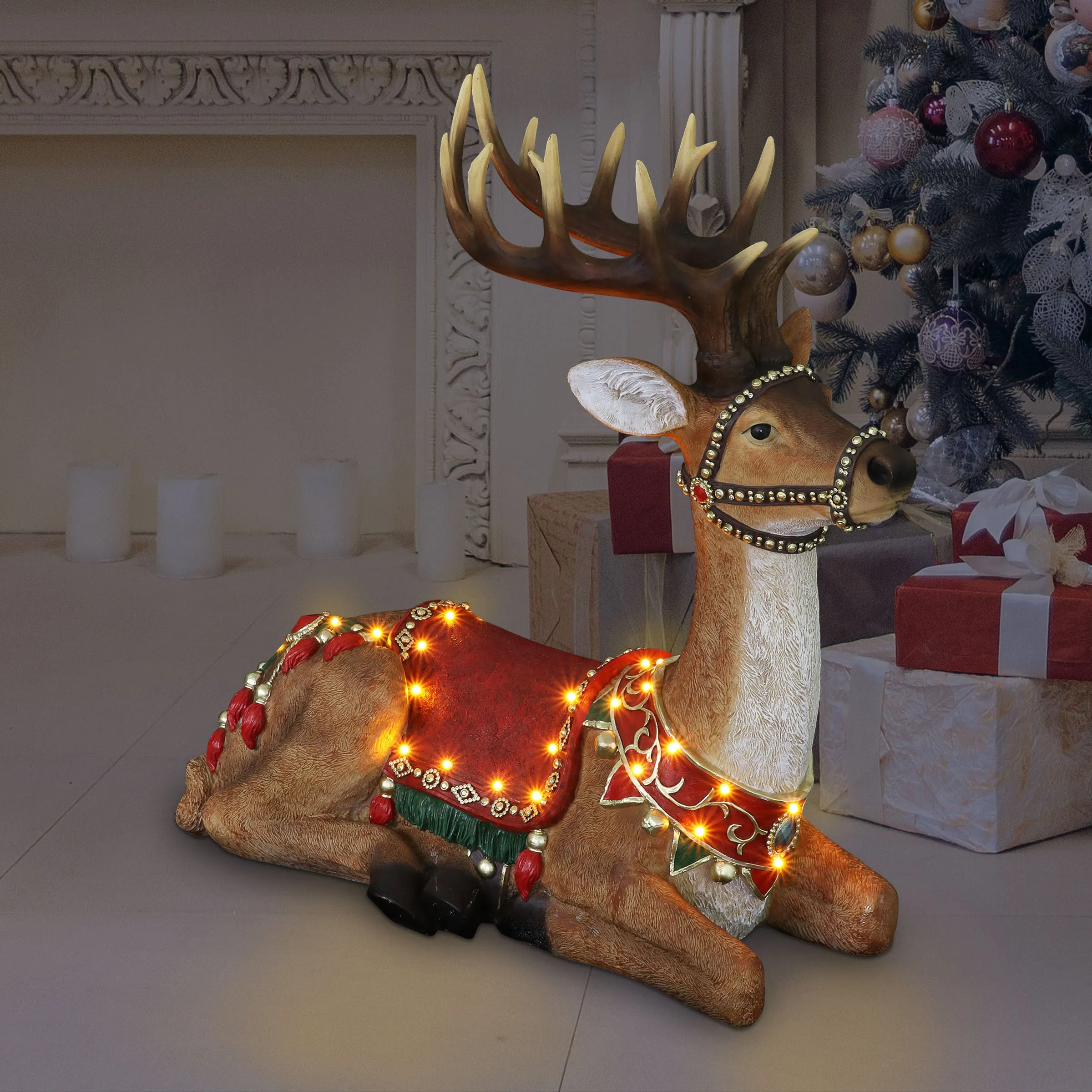 Hand Painted Christmas Reindeer Statue with LED Lights on a Battery Powered Timer, 22 Inches