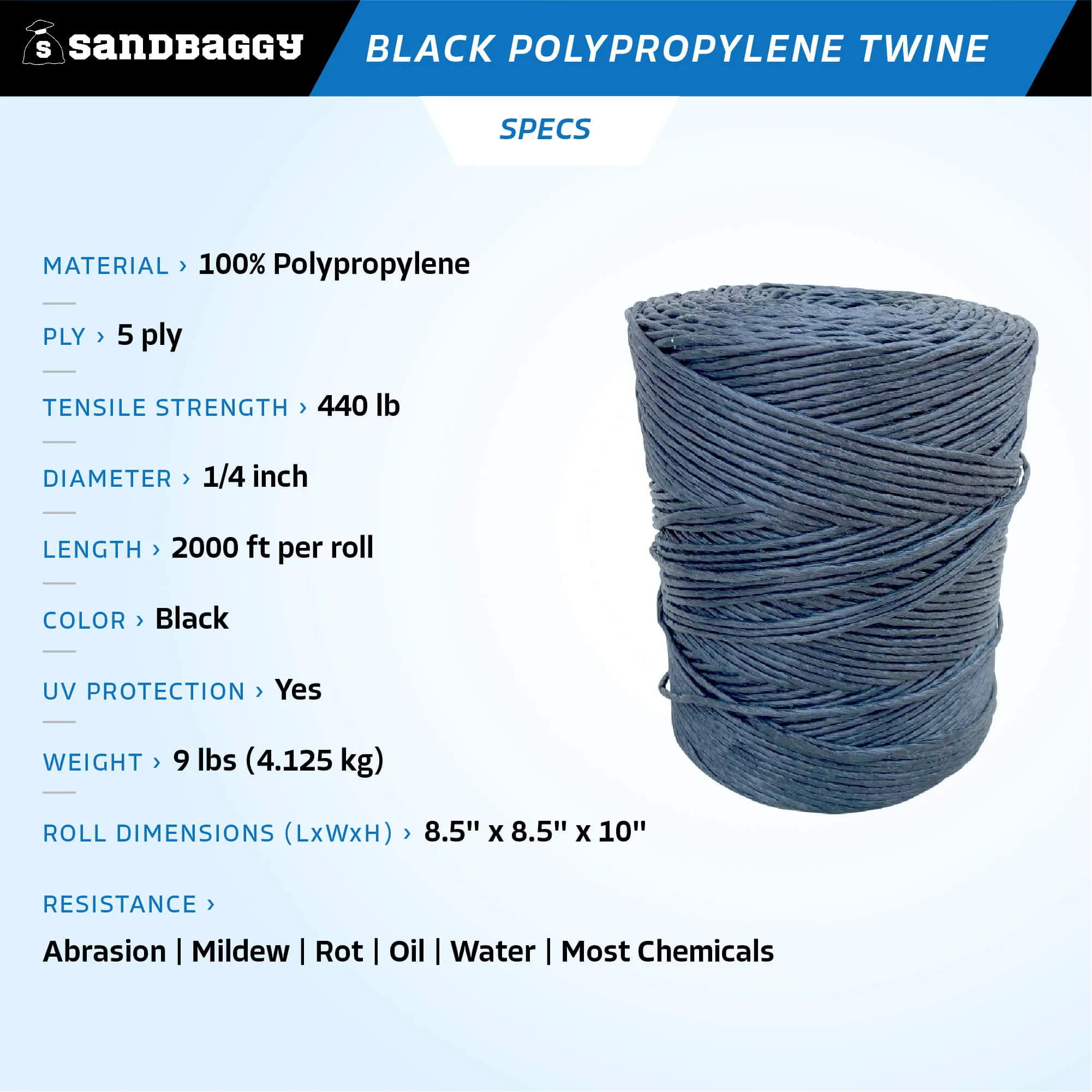 Heavy Duty Black Polypropylene Twine - 2000 ft Roll (UV Protected)