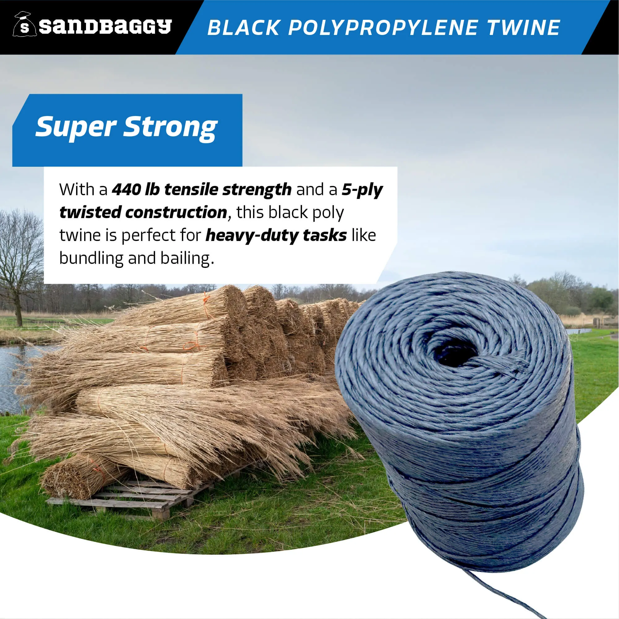 Heavy Duty Black Polypropylene Twine - 2000 ft Roll (UV Protected)