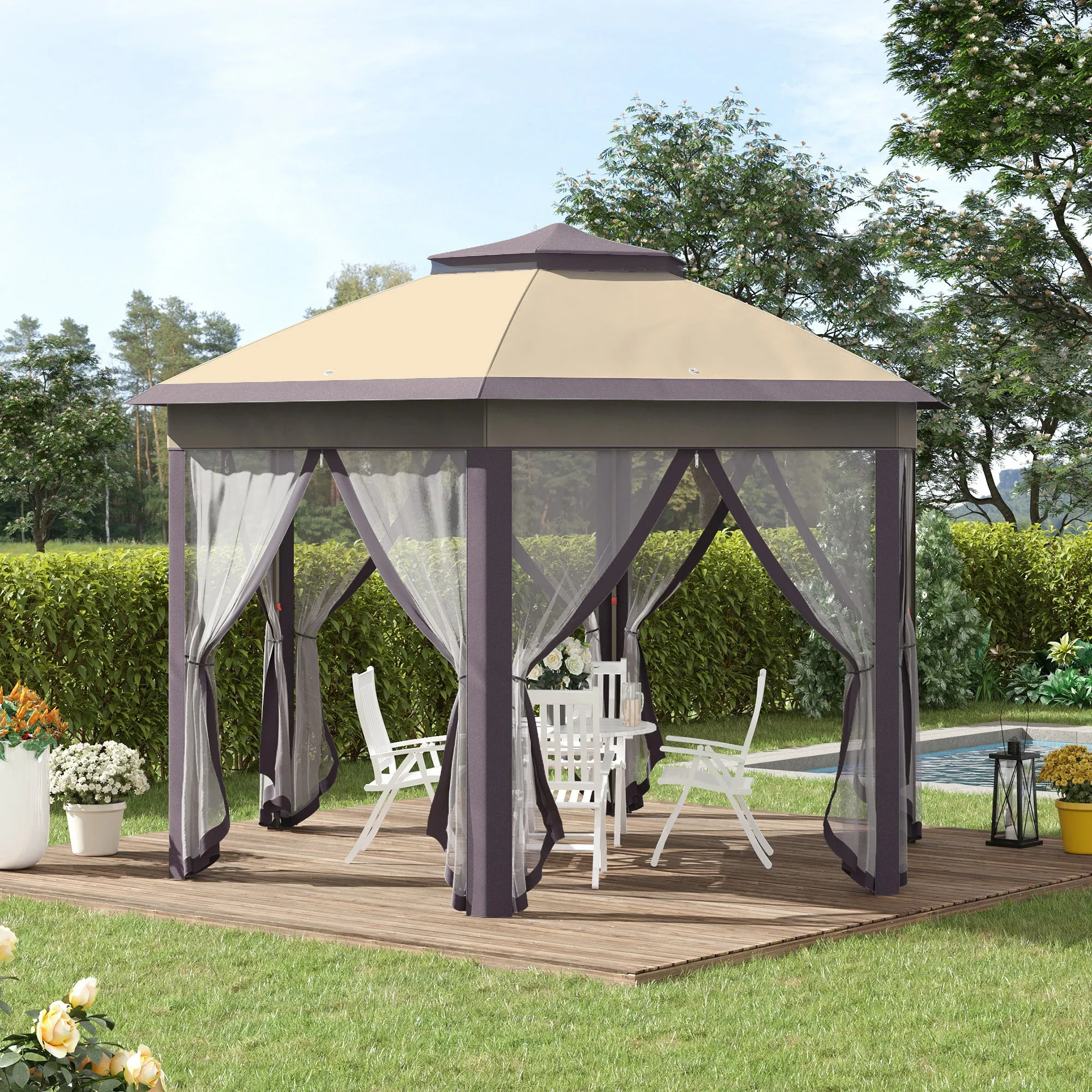 Khan 13 x 13 ft Hexagonal Pop Up Gazebo - Beige