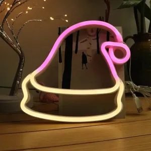 LED White Christmas Hat Wall Light: Festive Battery-Powered Neon Decor