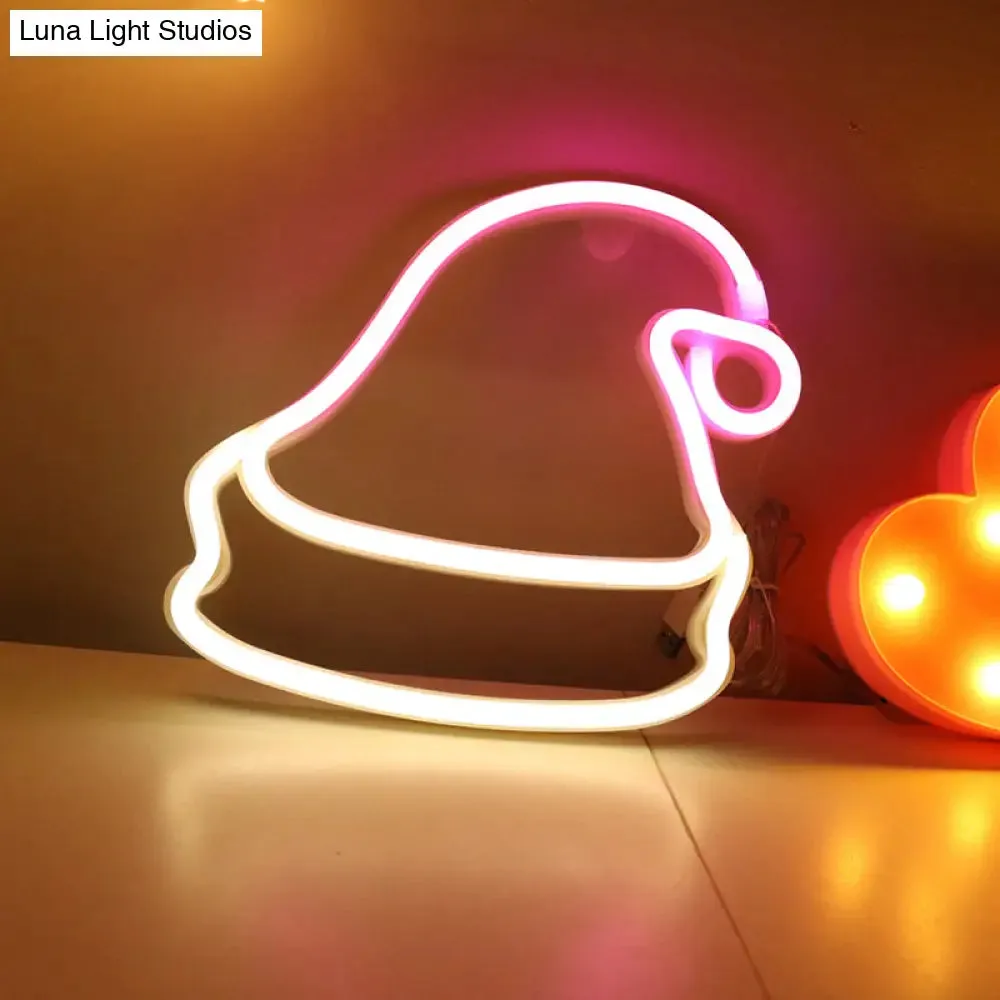 LED White Christmas Hat Wall Light: Festive Battery-Powered Neon Decor