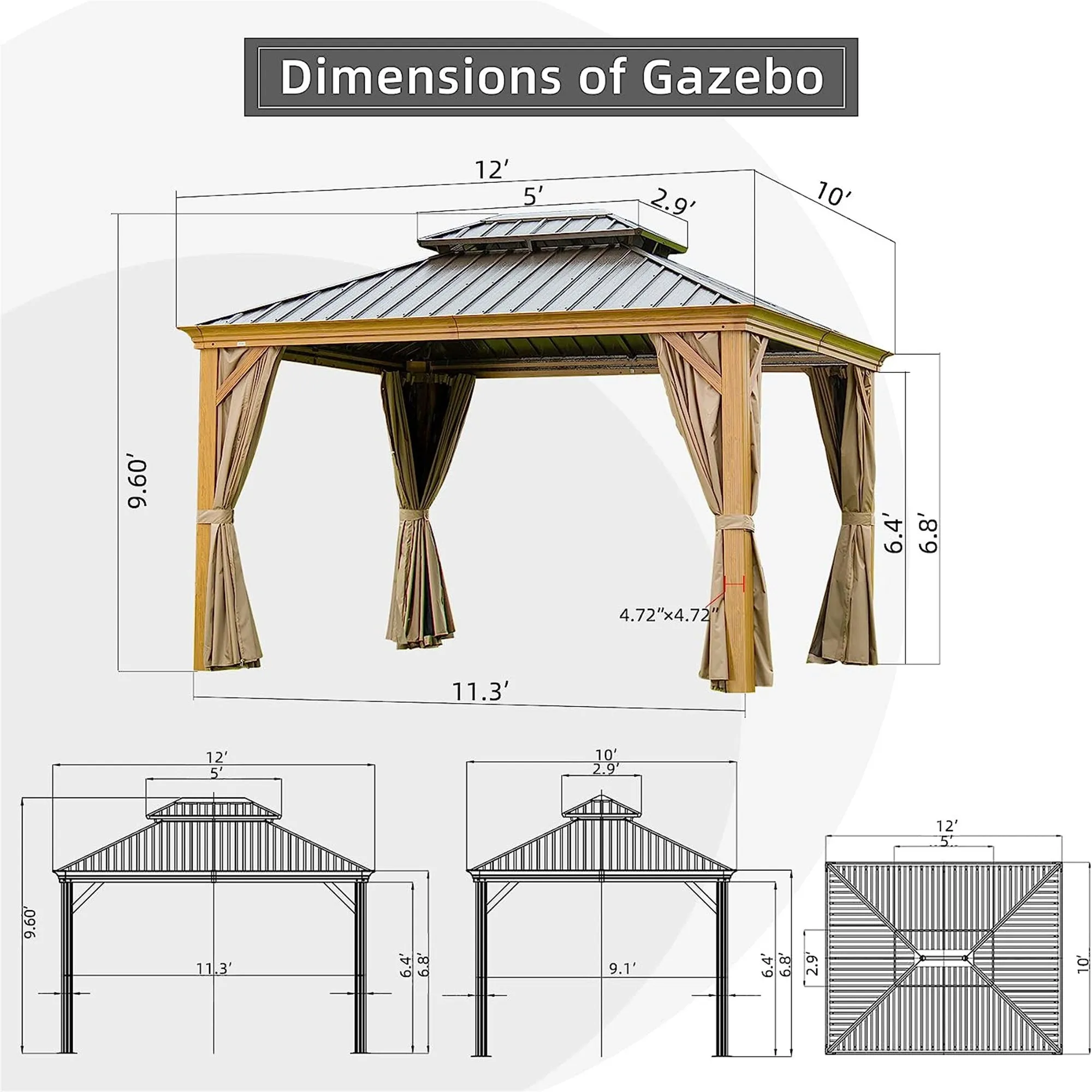 Shana 10 X 12 ft Hardtop Gazebo Outdoor Wooden Coated Aluminum  - Yellow Brown