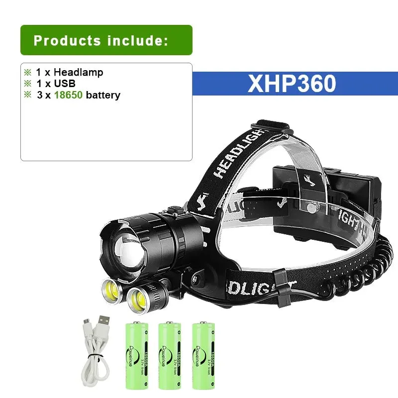 Super High Power XHP360 Headlamps Powerful Fishing COB Head Flashlight Super Bright Zoom LED Headlight USB Rechargeable Lanterns