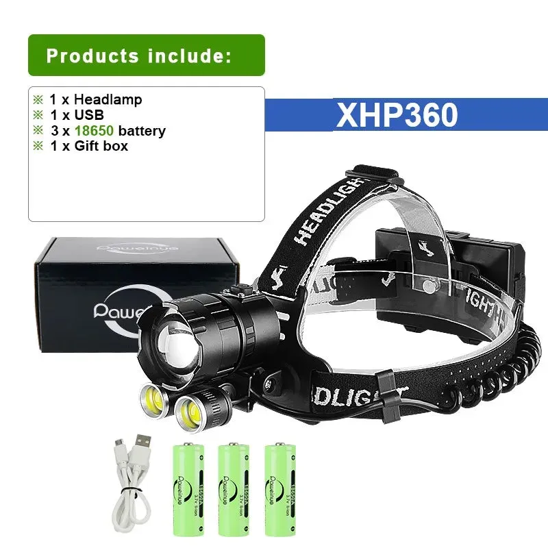 Super High Power XHP360 Headlamps Powerful Fishing COB Head Flashlight Super Bright Zoom LED Headlight USB Rechargeable Lanterns