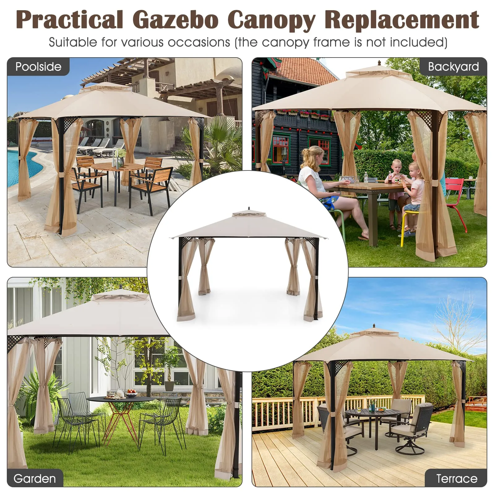 Tangkula 10x12 Ft Gazebo Replacement Canopy Top, Double Tier Canopy Replacement Roof with Air Vent and Drainage Holes