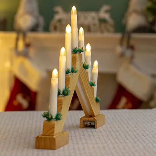 Wooden Christmas Candle Bridge / Pine Wood Finish / 7 Warm White LED Lights / Christmas Lights & Decorations / Battery Powered